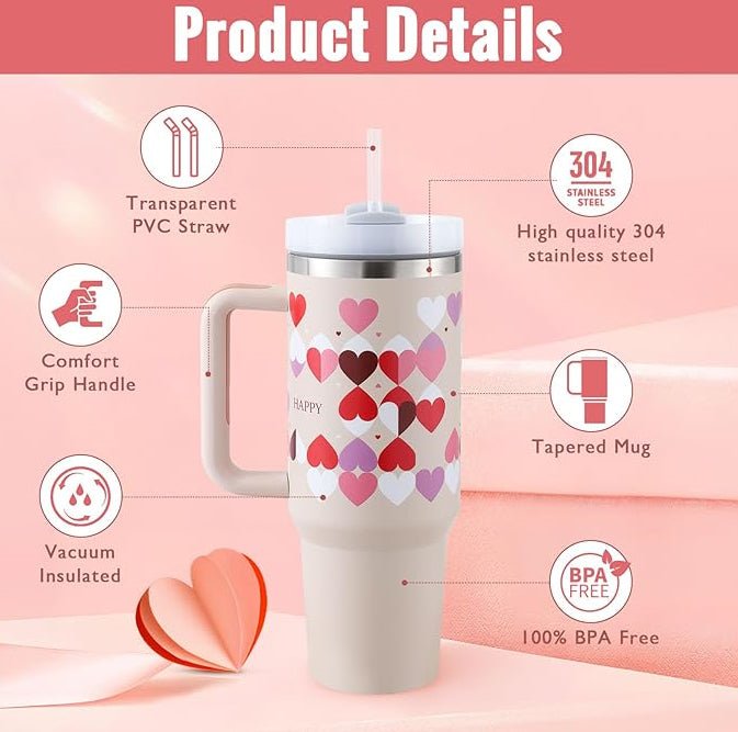 40 Oz Tumbler With Handle Straw Insulated, Stainless Steel Spill Proof Vacuum Coffee Cup Tumbler With Lid Tapered Mug Gifts For Valentine Lover Suitable For Car Gym Office Travel - Trendify Store