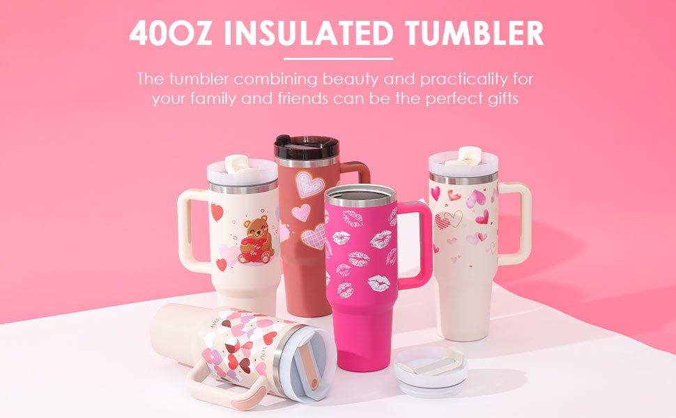 40 Oz Tumbler With Handle Straw Insulated, Stainless Steel Spill Proof Vacuum Coffee Cup Tumbler With Lid Tapered Mug Gifts For Valentine Lover Suitable For Car Gym Office Travel - Trendify Store
