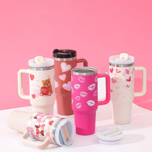 40 Oz Tumbler With Handle Straw Insulated, Stainless Steel Spill Proof Vacuum Coffee Cup Tumbler With Lid Tapered Mug Gifts For Valentine Lover Suitable For Car Gym Office Travel - Trendify Store