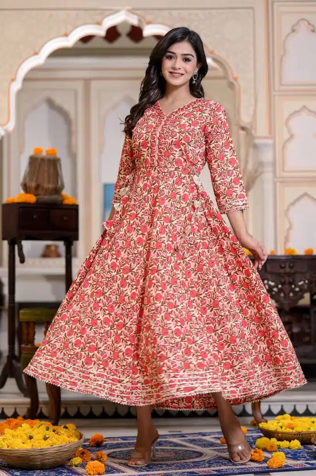 Cotton Printed Anarkali Kurti for Women (Red, M) - Trendify Store