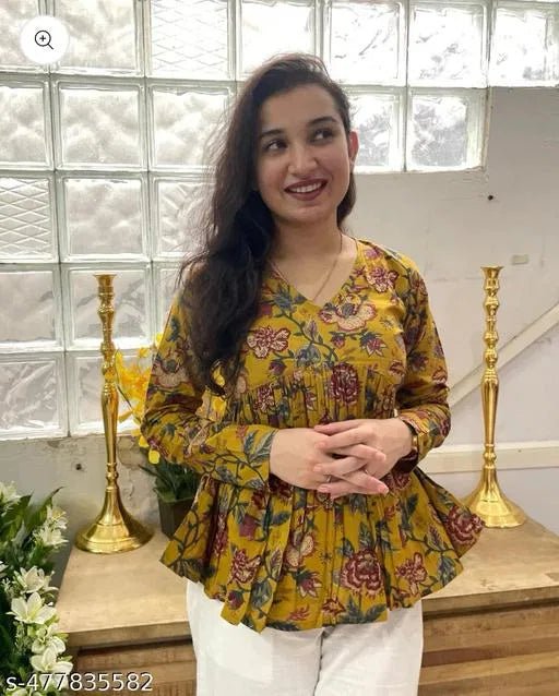 Floral Vibe Mustard Empire Top Stylish & Comfortable Daily Wear - Trendify Store