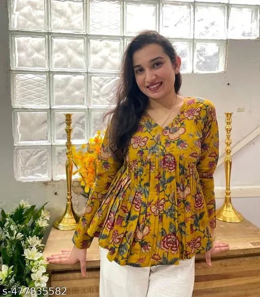Floral Vibe Mustard Empire Top Stylish & Comfortable Daily Wear - Trendify Store